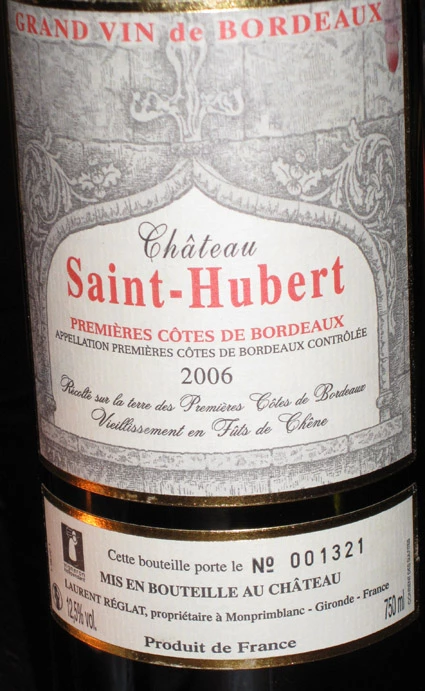 Château Saint-Hubert Côtes de Bordeaux ( Laurent Reglat ) 2006